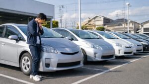 中古車販売店で複数のプリウスを比較しながら車両状態を確認する日本人男性
