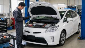 整備工場で中古プリウスのハイブリッドバッテリーを診断する日本人整備士