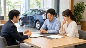自動車販売店で中古プリウスの見積もりと保証内容を確認する日本人夫婦